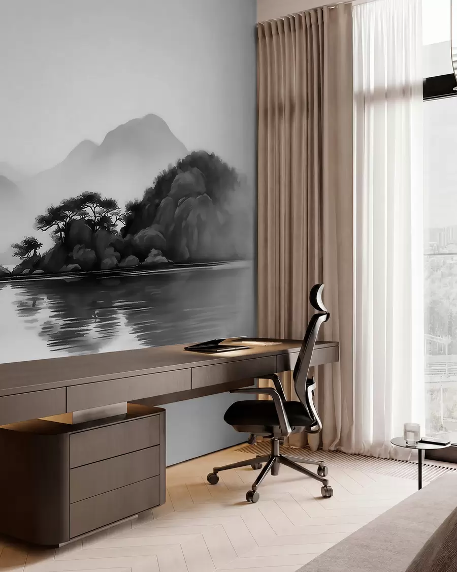 Papier peint Paysage en noir et blanc avec des montagnes et un lac dans une brume légère w09803