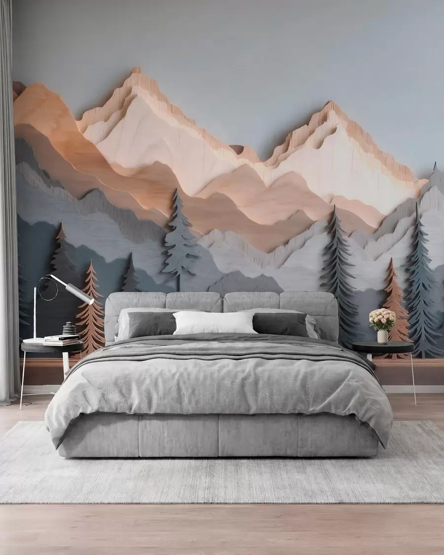 Papier peint Paysage naturel avec des pins et des montagnes, dans un style de sculpture sur bois w09793
