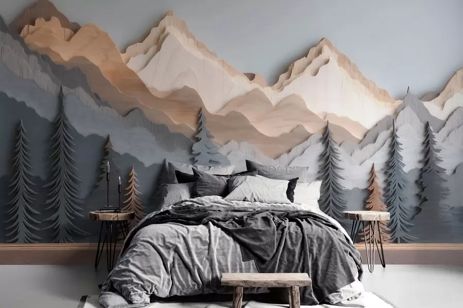 Papier peint Paysage naturel avec des pins et des montagnes, dans un style de sculpture sur bois w09793