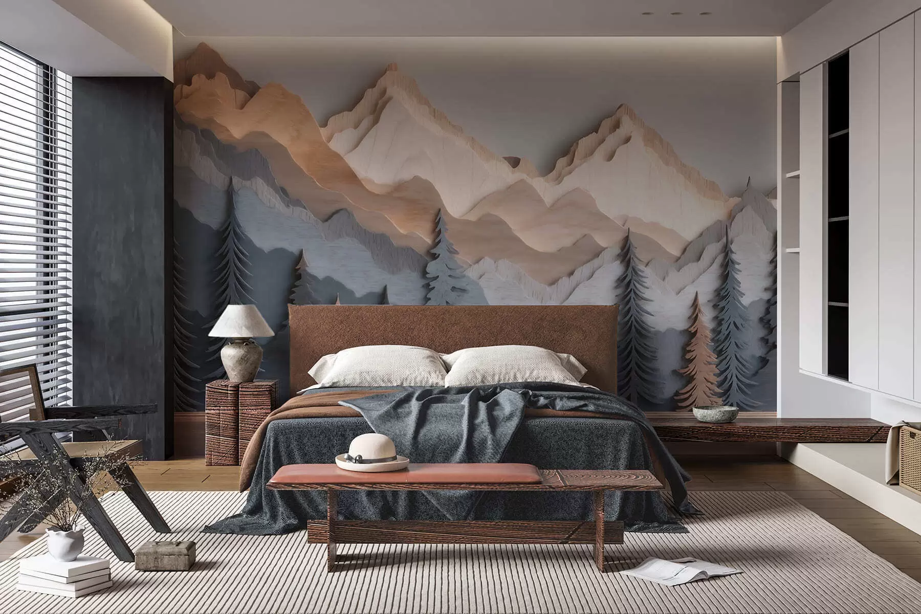 Papier peint Paysage naturel avec des pins et des montagnes, dans un style de sculpture sur bois w09793