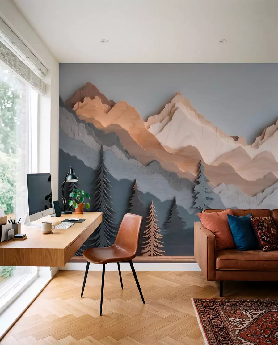 Papier peint Paysage naturel avec des pins et des montagnes, dans un style de sculpture sur bois w09793