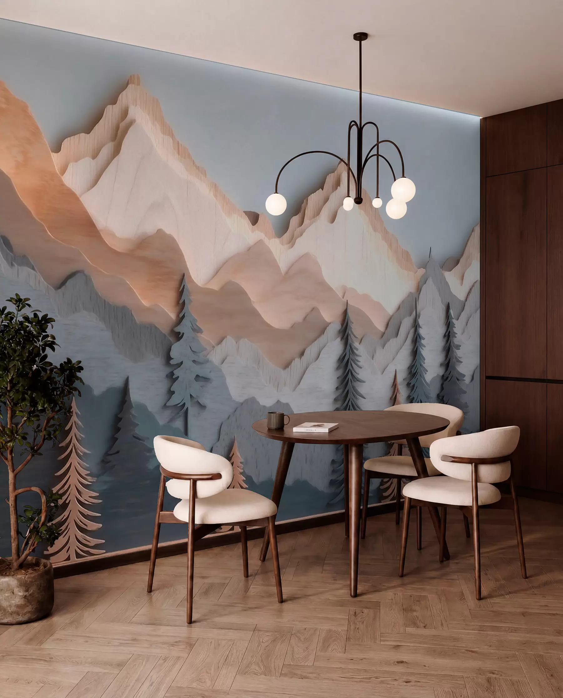 Papier peint Paysage naturel avec des pins et des montagnes, dans un style de sculpture sur bois w09793