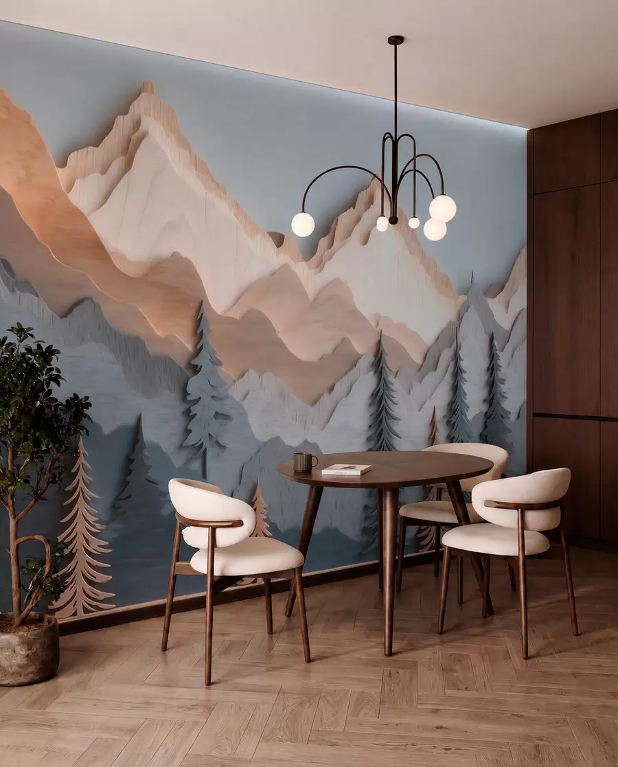 Papier peint Paysage naturel avec des pins et des montagnes, dans un style de sculpture sur bois w09793