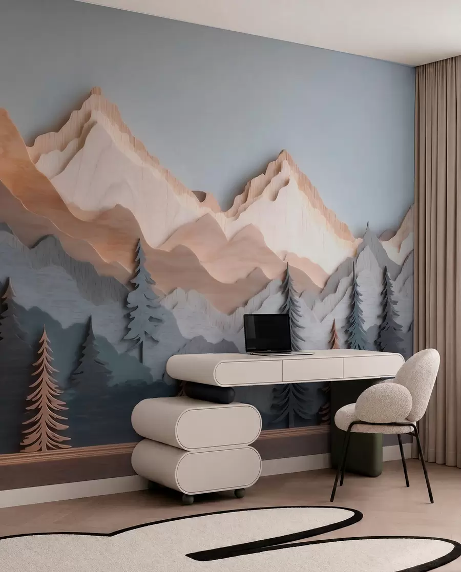 Papier peint Paysage naturel avec des pins et des montagnes, dans un style de sculpture sur bois w09793