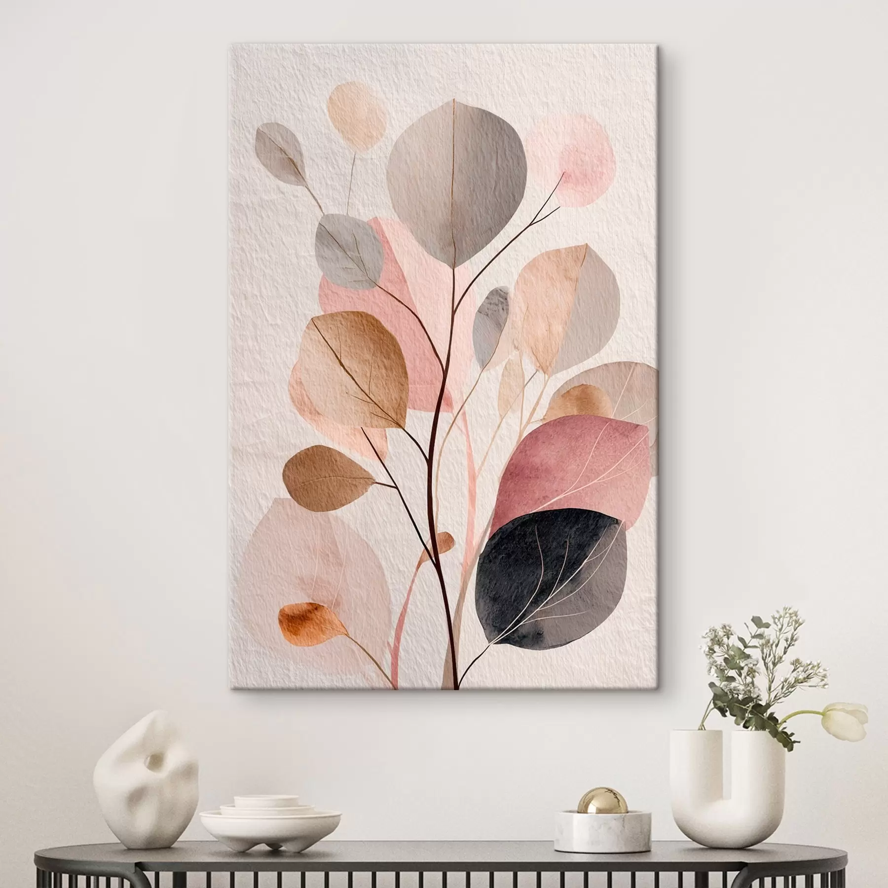 Tableau Branche abstraite aux feuilles arrondies, dans des tons chauds de beige et de corail s48187