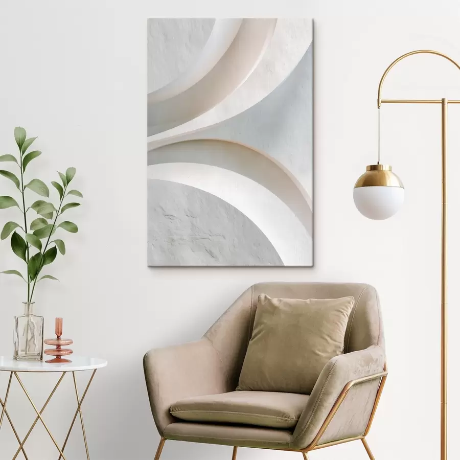 Tableau Panneau décoratif présentant des formes architecturales en relief sur un fond clair s48191