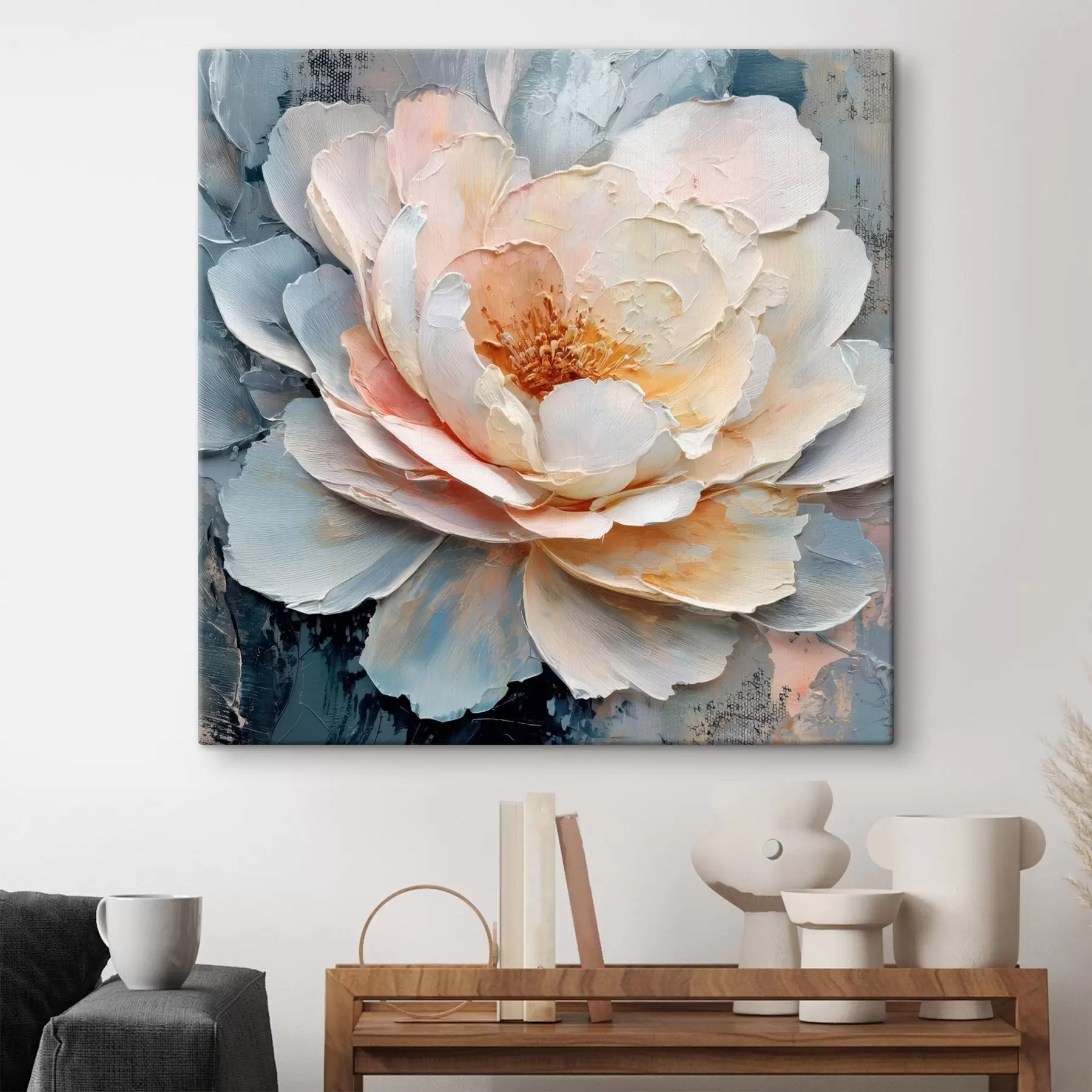 Tableau Gros plan sur une fleur, réalisé avec des coups de pinceau texturés et expressifs, dans un style pictural contemporain s48198