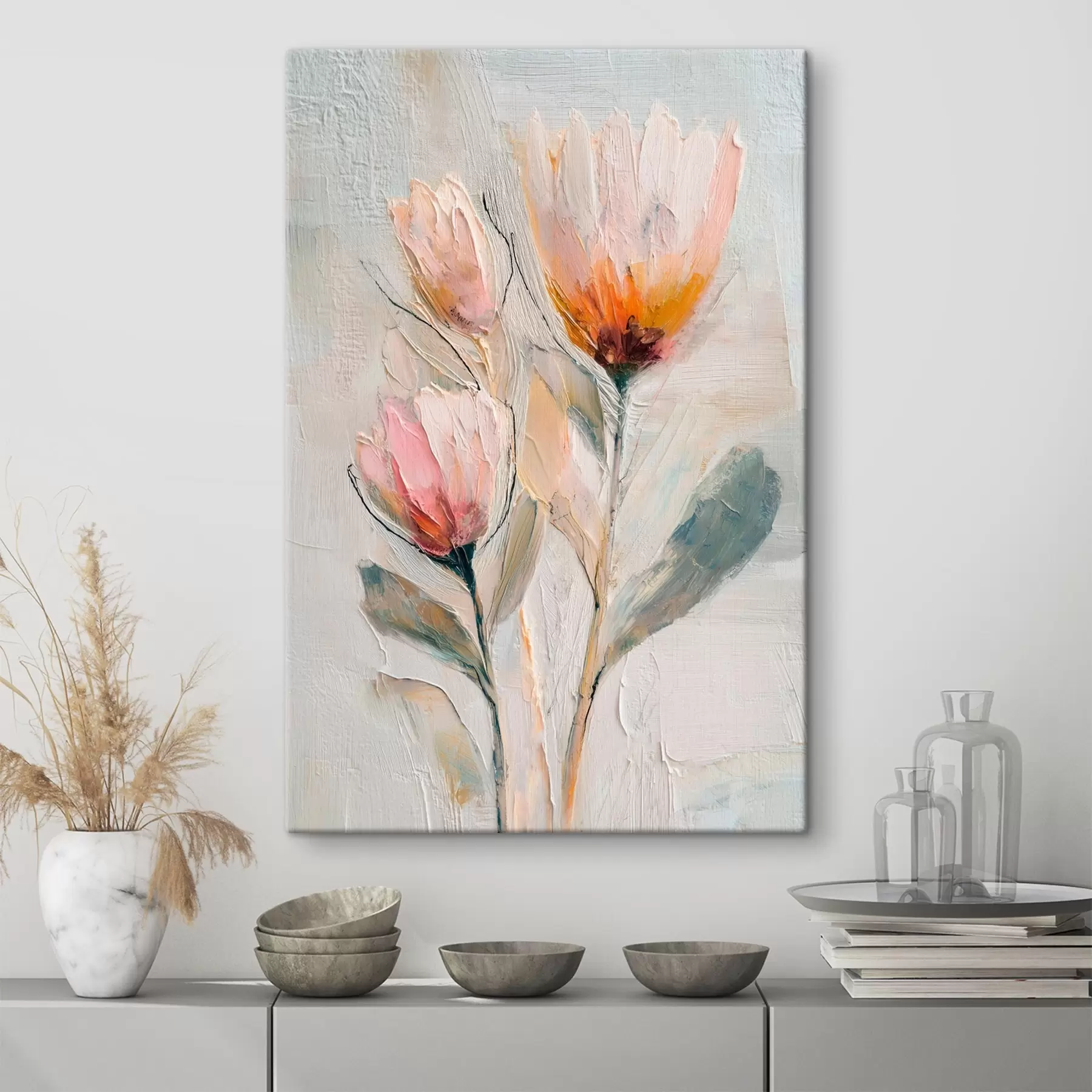 Tableau Bouquet de protéas avec un effet de coups de pinceau épais s48206