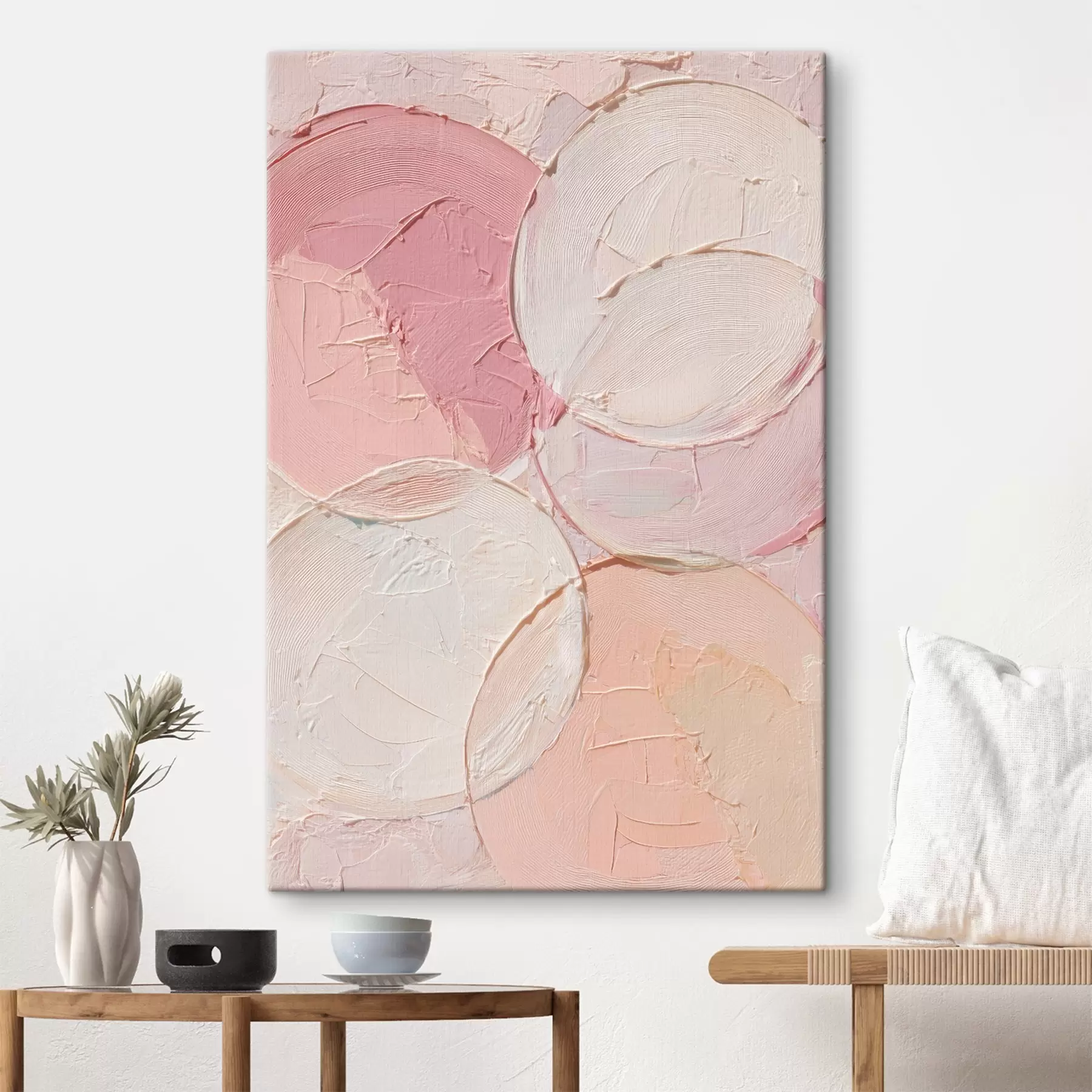 Tableau Composition abstraite avec des cercles dans des tons rose pâle, dans un style de peinture à l'huile s48207