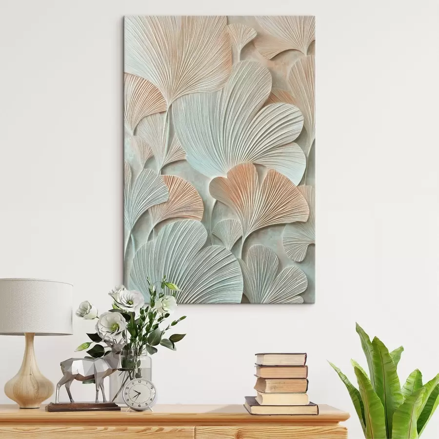 Tableau Feuilles de ginkgo biloba stylisées, avec une texture en relief dans des tons pastel s48209
