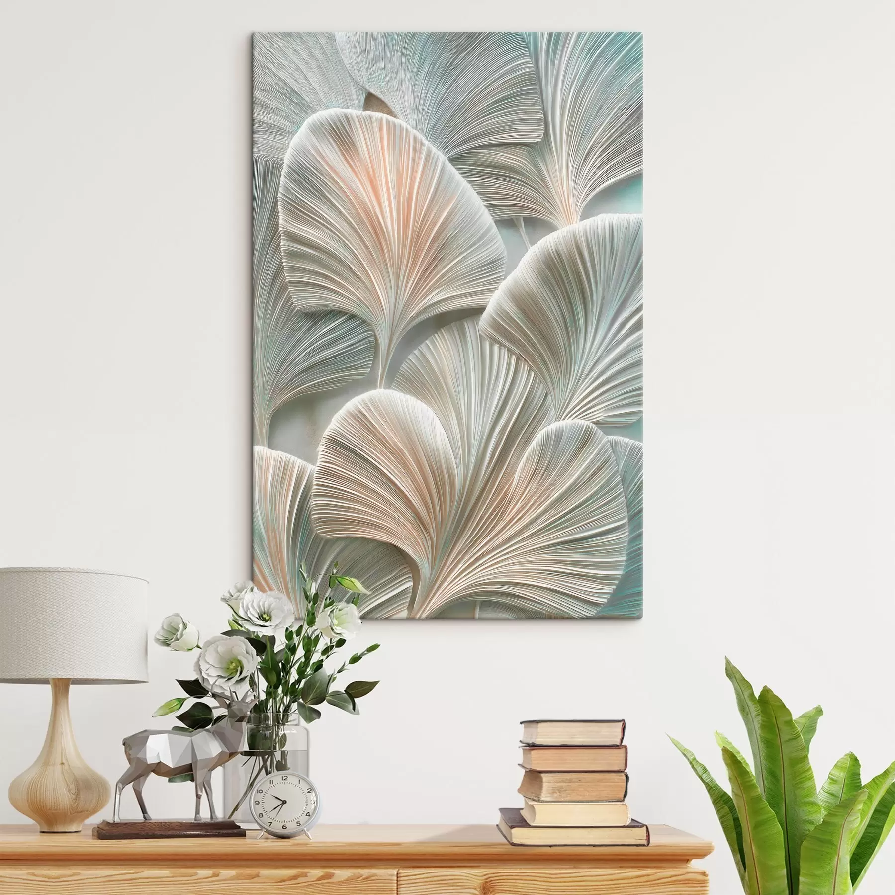 Tableau Illustration artistique représentant des feuilles en relief, dans un style contemporain de bas-relief s48210