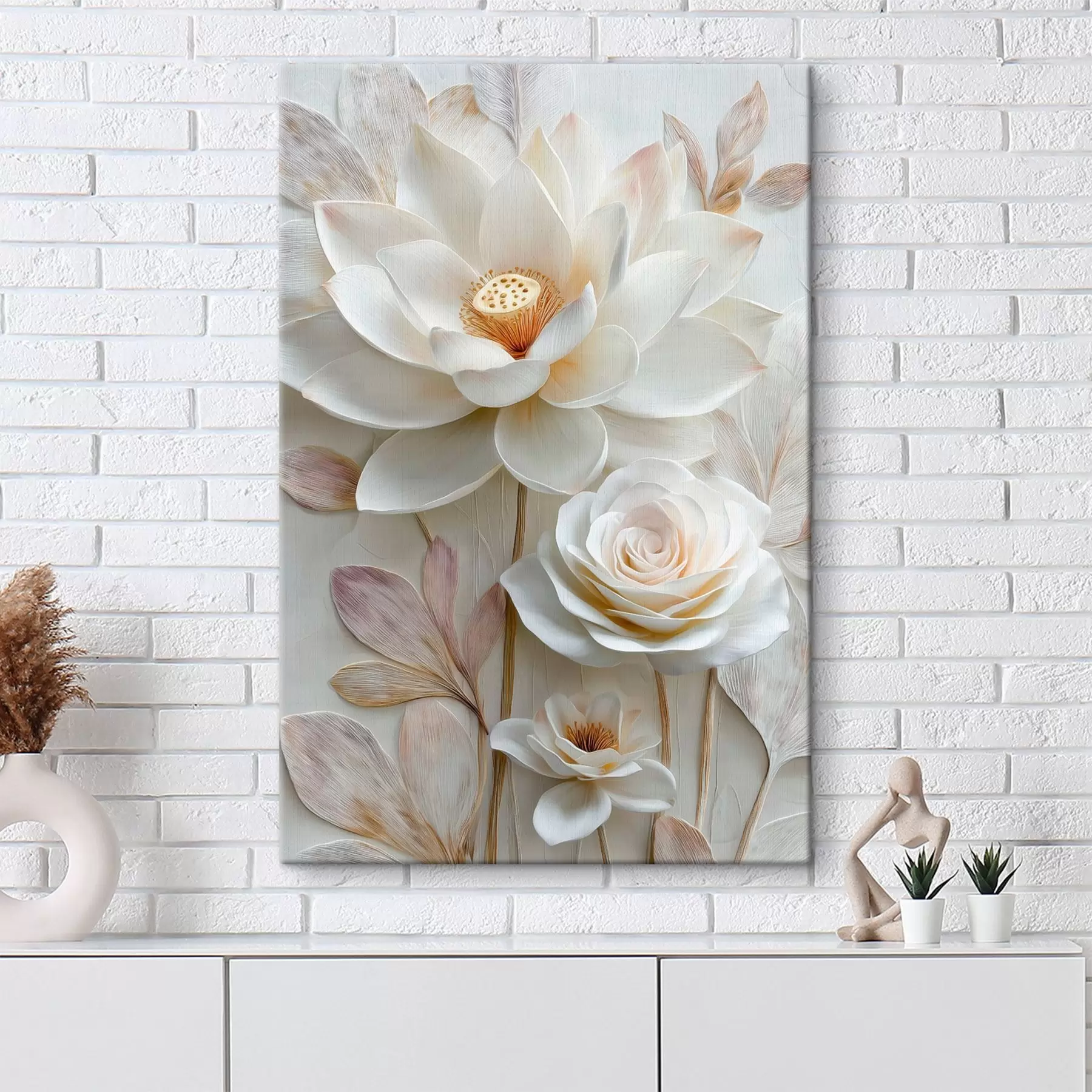 Tableau Des fleurs de lotus et de rose dans des tons crème clair, dans un style de peinture à l'huile s48214