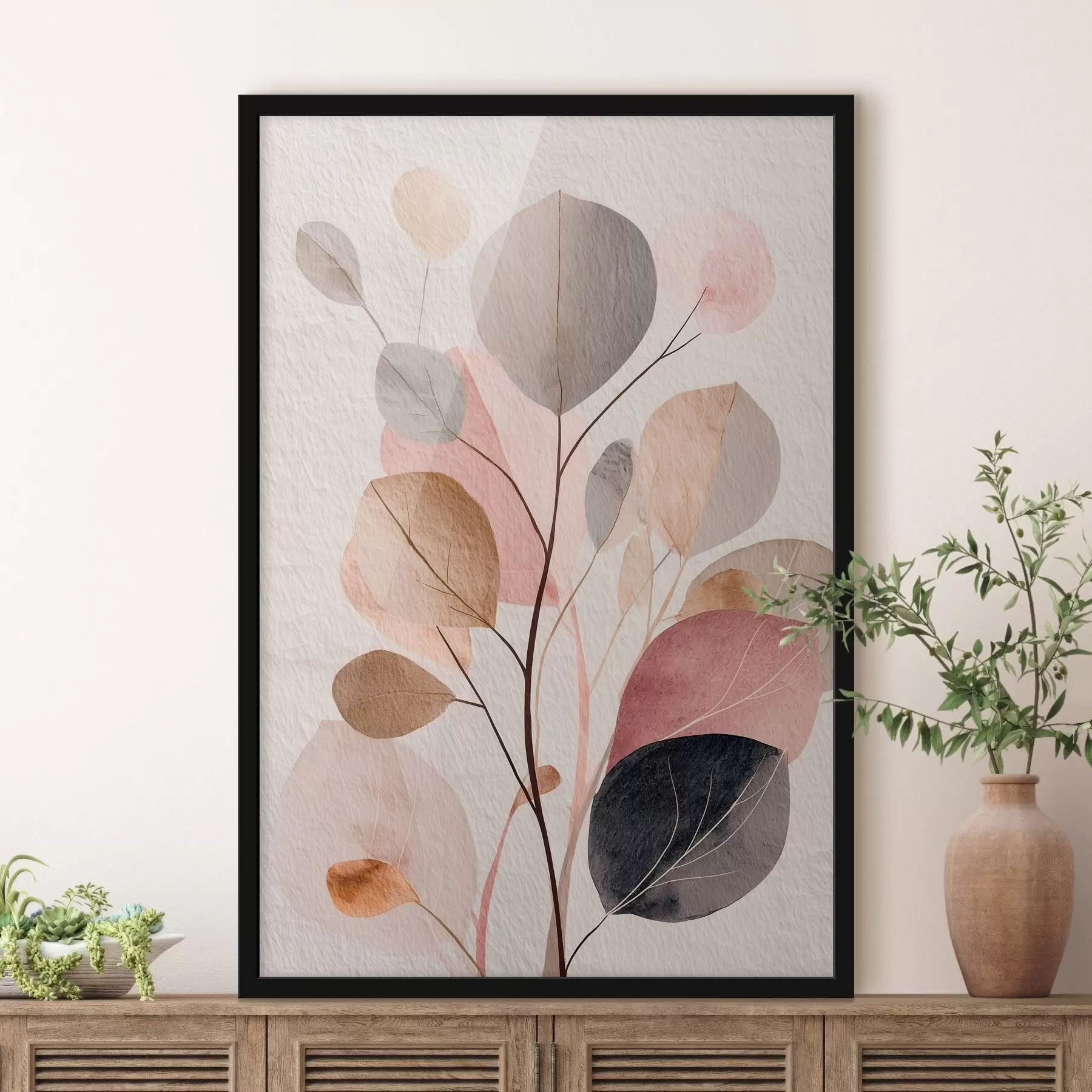 Papier peint Branche abstraite aux feuilles arrondies, dans des tons chauds de beige et de corail f48187