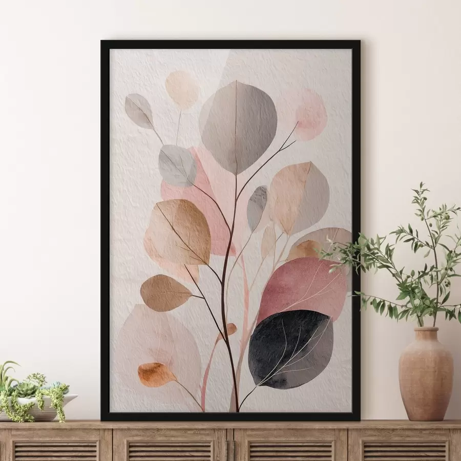 Papier peint Branche abstraite aux feuilles arrondies, dans des tons chauds de beige et de corail f48187