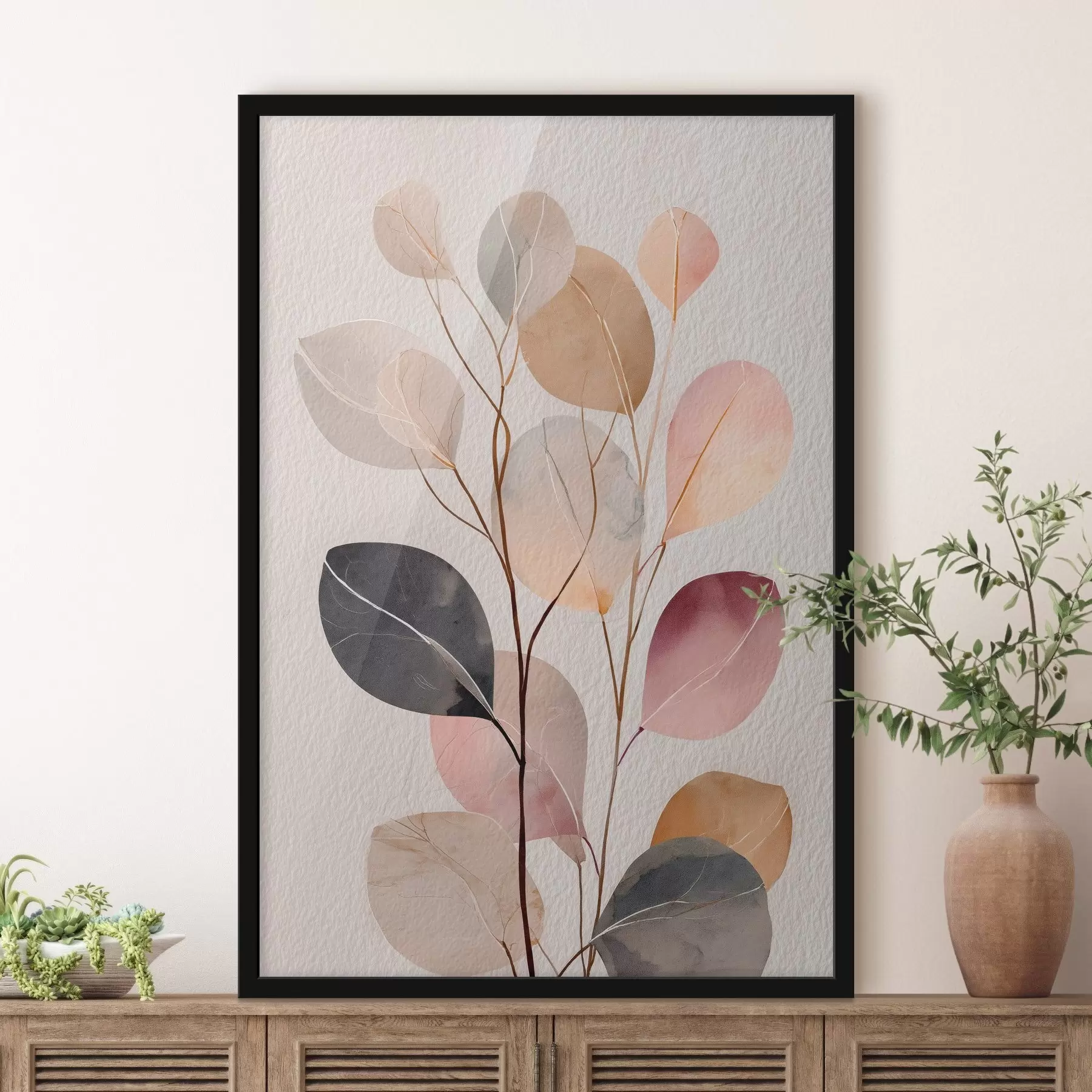 Papier peint Branche stylisée dans des tons beige et corail, dans un style aquarelle f48188