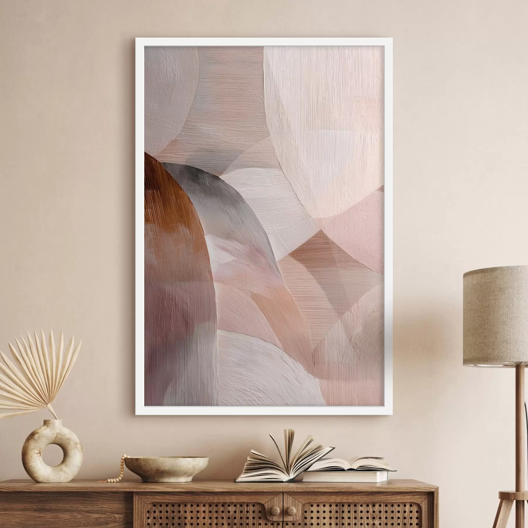 Papier peint Abstraction géométrique dans une palette de tons pêche chauds, dans le style d'une affiche d'art f48189