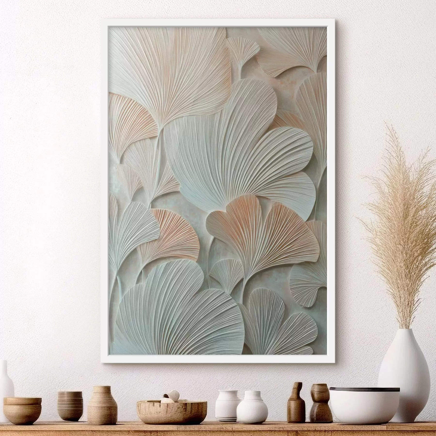 Papier peint Feuilles de ginkgo biloba stylisées, avec une texture en relief dans des tons pastel f48209