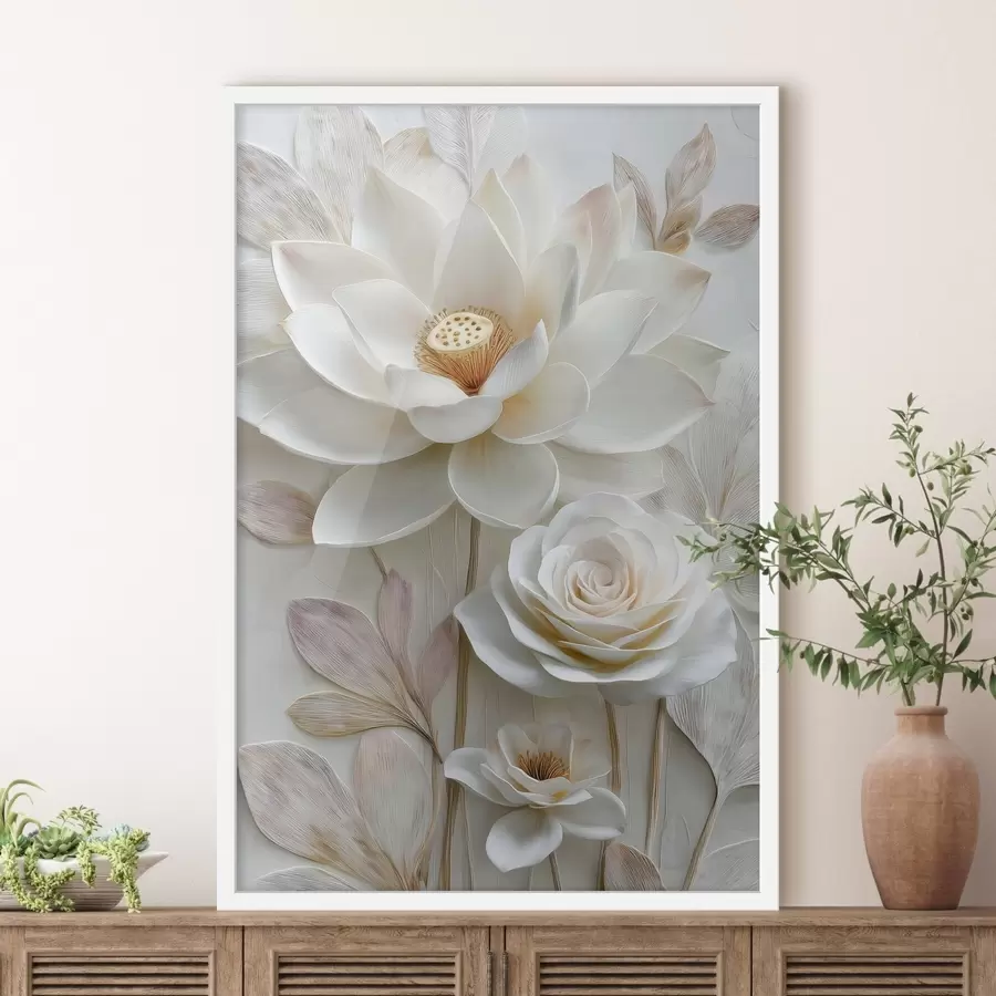 Papier peint Des fleurs de lotus et de rose dans des tons crème clair, dans un style de peinture à l'huile f48214