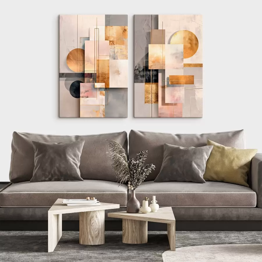 Tableau Abstraction géométrique rehaussée de touches de cuivre et de beige, dans un style graphique moderne m30138