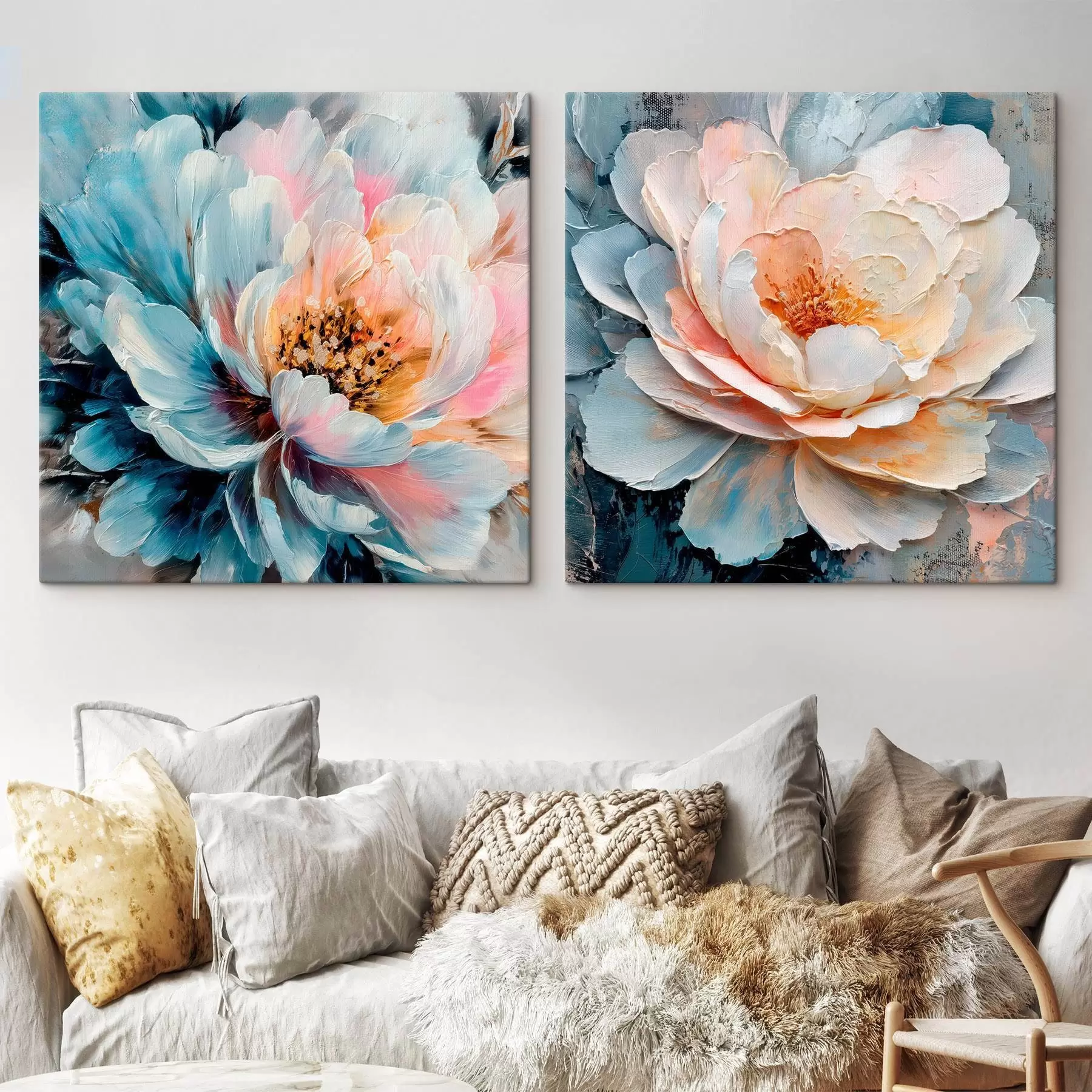 Tableau Composition florale abstraite dans une palette de roses et de bleus, avec des pétales texturés m30148