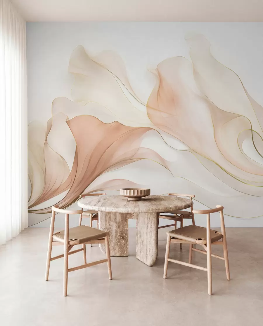 Papier peint Une texture fluide et abstraite dans des tons pêche et crème, rehaussée de lignes délicates w09815