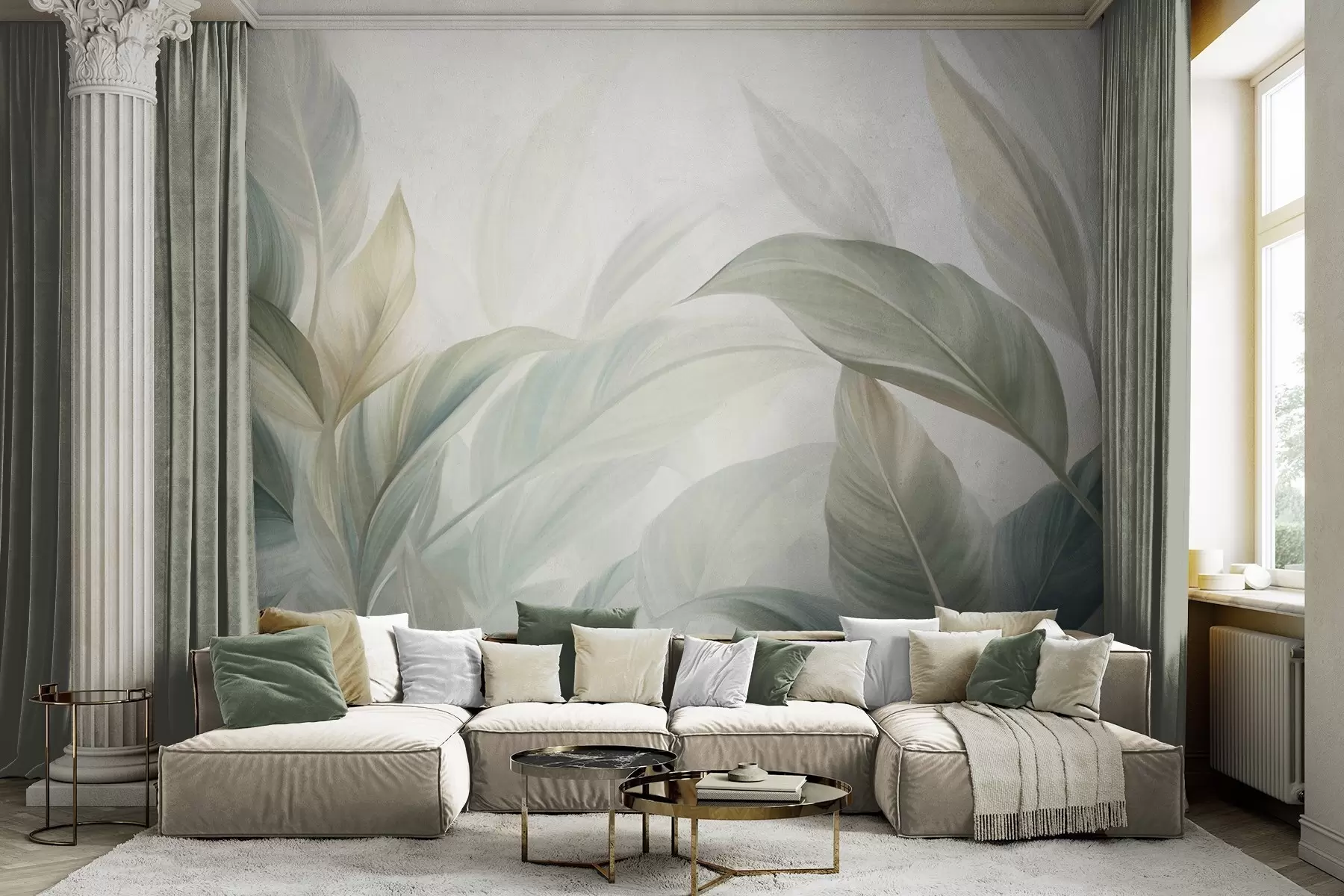 Papier peint De grandes feuilles tropicales vert pâle aux couleurs douces et pastel, dans un style artistique texturé w09816