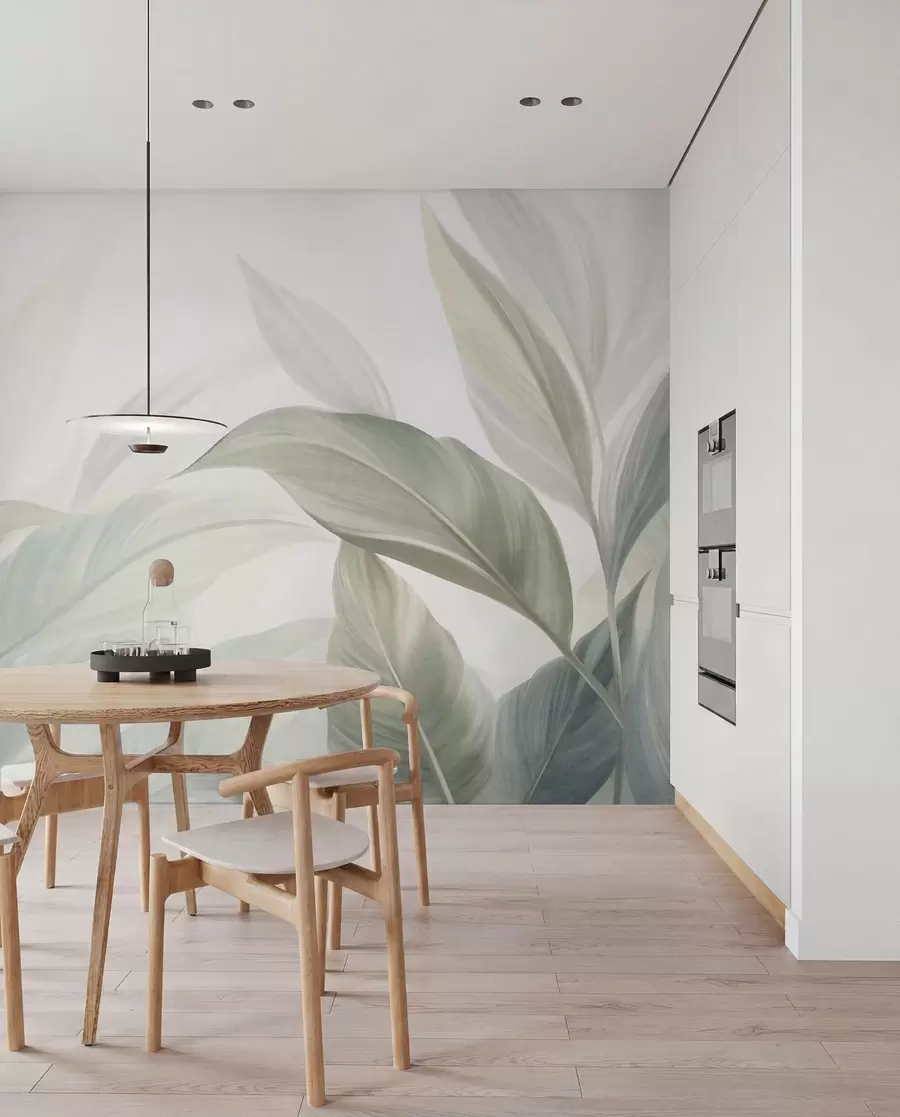Papier peint De grandes feuilles tropicales vert pâle aux couleurs douces et pastel, dans un style artistique texturé w09816