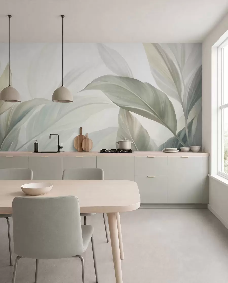 Papier peint De grandes feuilles tropicales vert pâle aux couleurs douces et pastel, dans un style artistique texturé w09816