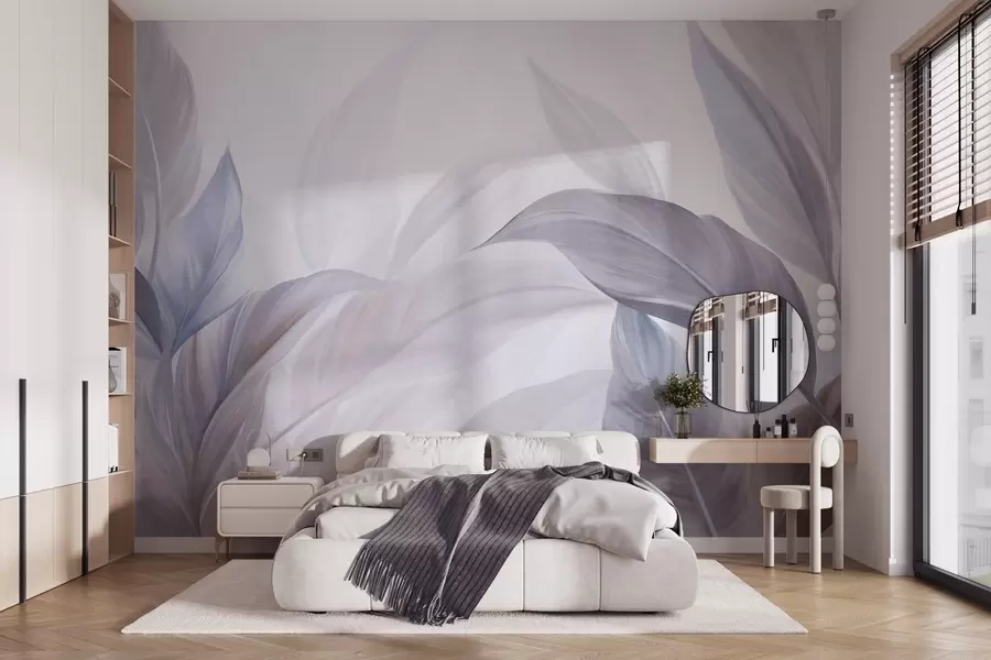 Papier peint De grandes feuilles tropicales bleu pâle et violettes aux couleurs douces et pastel, dans un style artistique texturé w09816v1