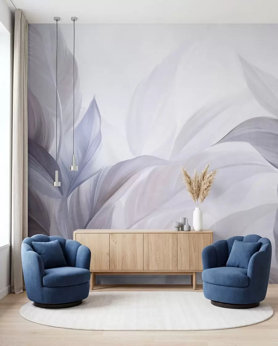 Papier peint De grandes feuilles tropicales bleu pâle et violettes aux couleurs douces et pastel, dans un style artistique texturé w09816v1