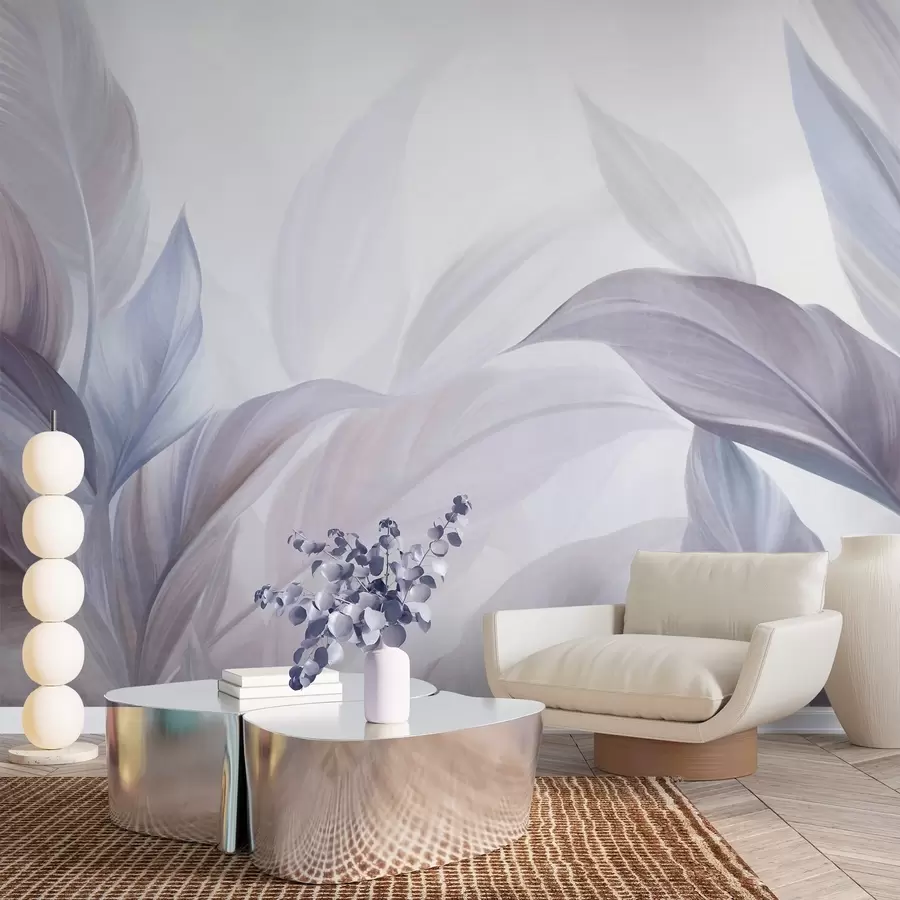 Papier peint De grandes feuilles tropicales bleu pâle et violettes aux couleurs douces et pastel, dans un style artistique texturé w09816v1