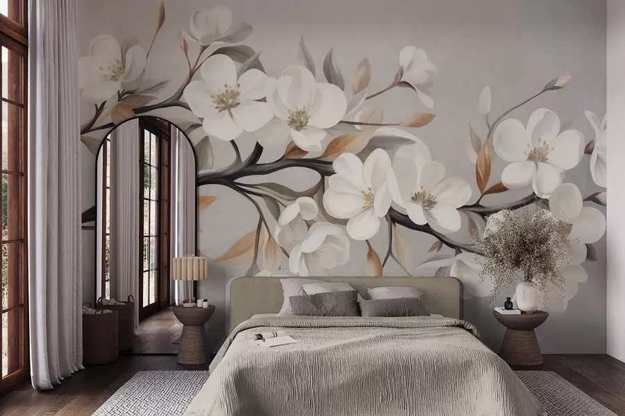 Papier peint Une branche texturée avec des fleurs blanches et des feuilles brunes sur fond gris clair w09817