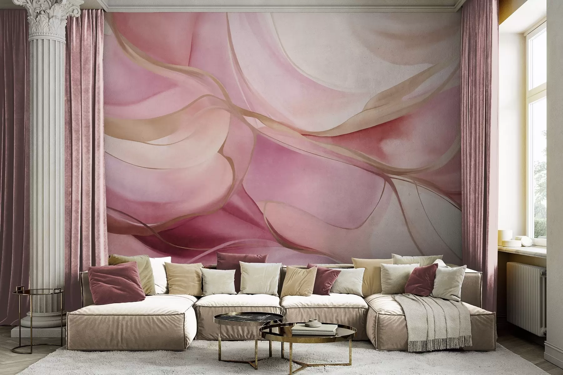 Papier peint Formes fluides aux textures abstraites, dans des tons de rose et de beige, rehaussées de délicates lignes jaunes w09818