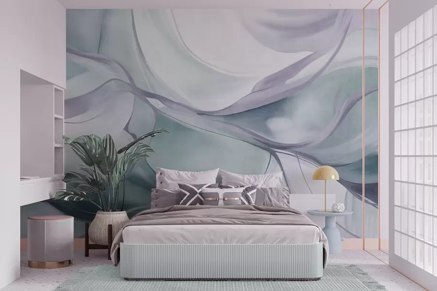 Papier peint Formes fluides aux textures abstraites, dans des tons de bleu et de gris, dessinées par des lignes délicates w09818v1