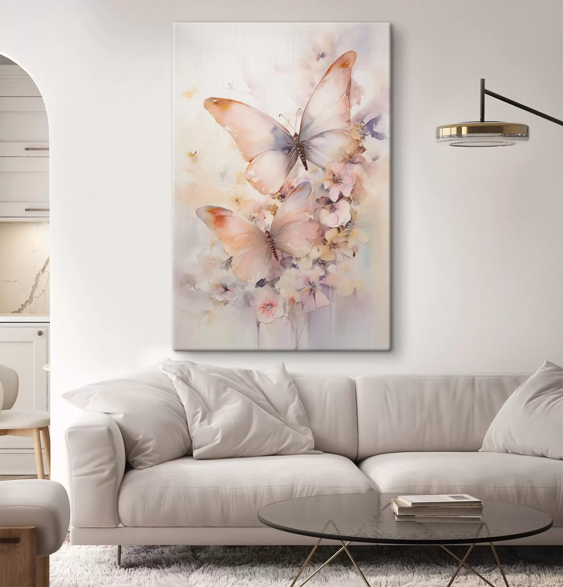 Tableau De délicates fleurs accompagnées de papillons, dans des tons pastel s48563