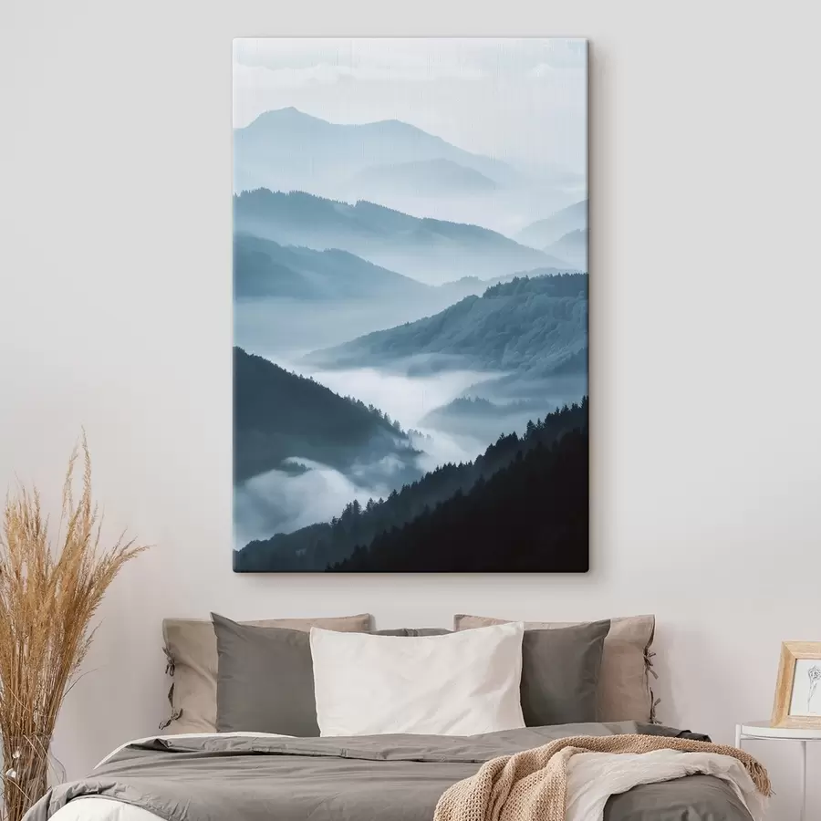 Tableau Montagnes brumeuses, paysage bleu s48567