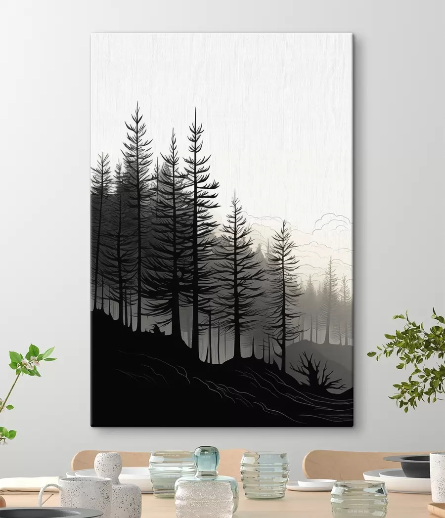 Tableau Une forêt brumeuse, un paysage en noir et blanc s48573