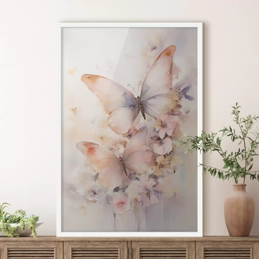 Papier peint De délicates fleurs accompagnées de papillons, dans des tons pastel f48563