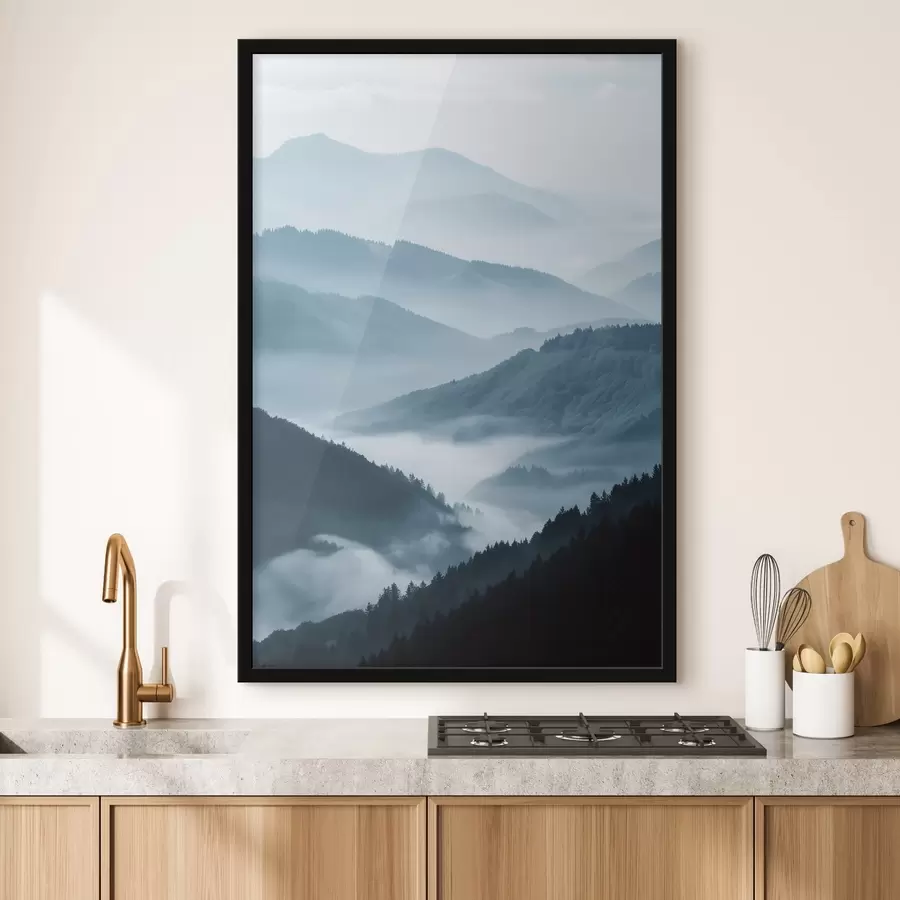 Papier peint Montagnes brumeuses, paysage bleu f48567