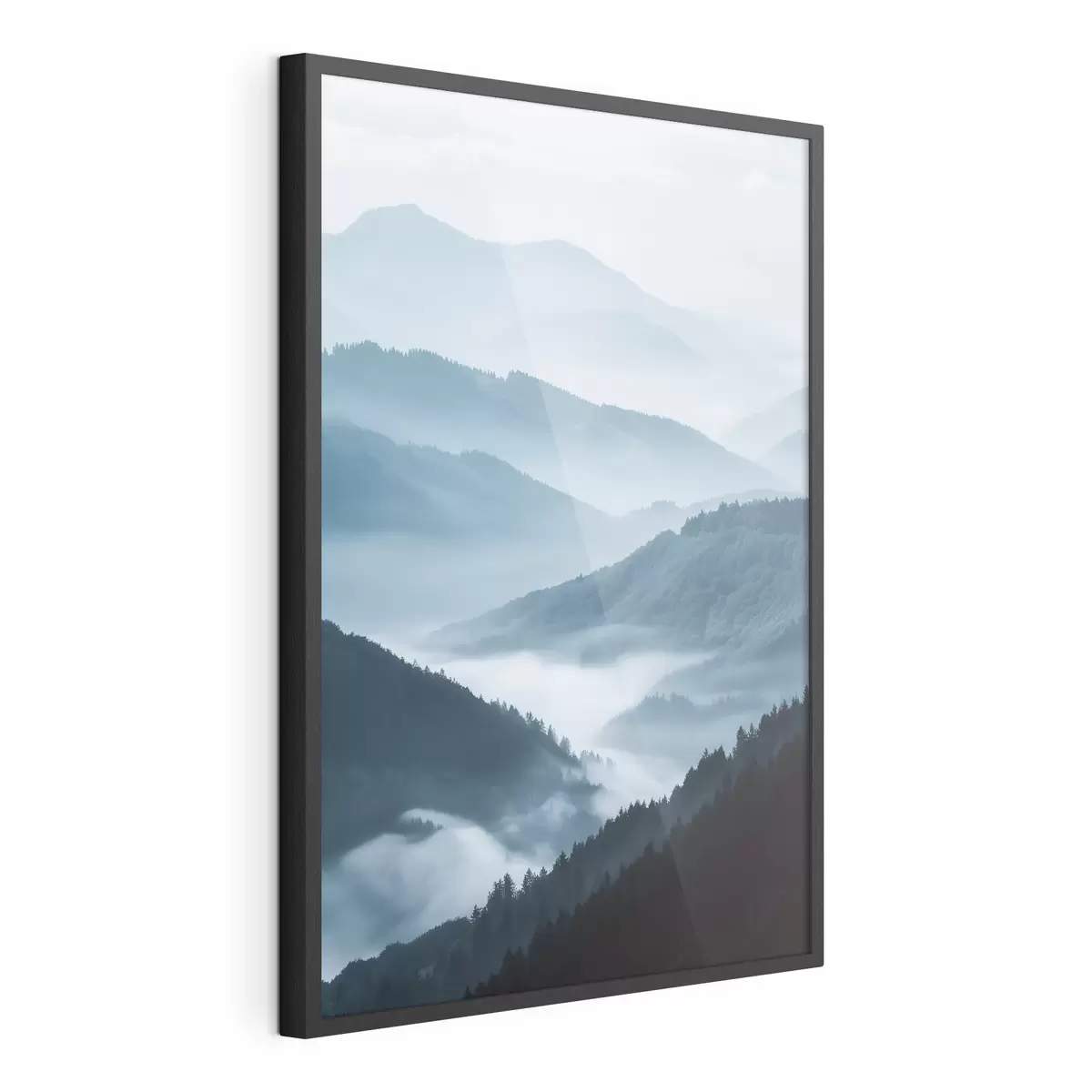Poster Montagnes brumeuses, paysage bleu f48567