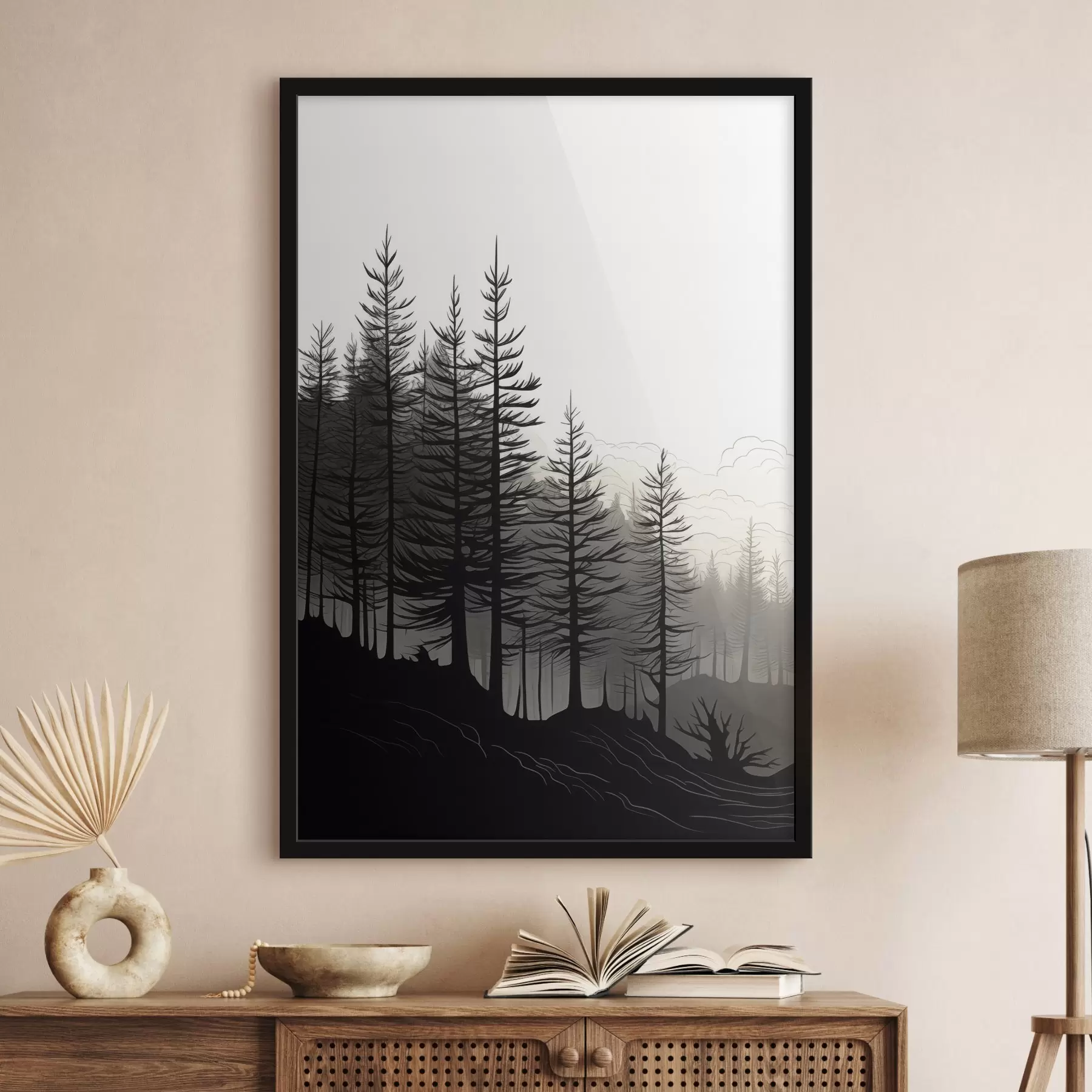 Papier peint Une forêt brumeuse, un paysage en noir et blanc f48573