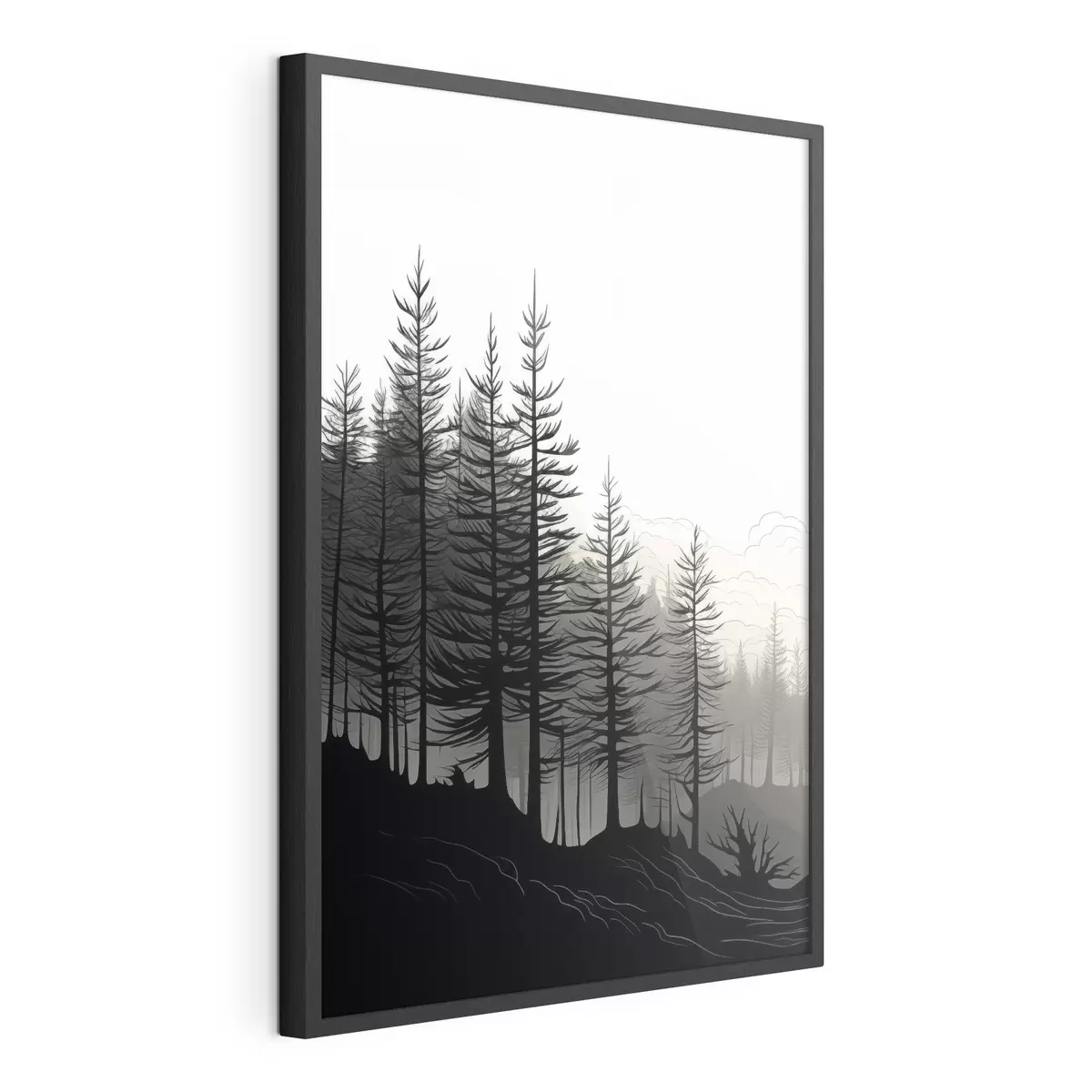 Poster Une forêt brumeuse, un paysage en noir et blanc f48573