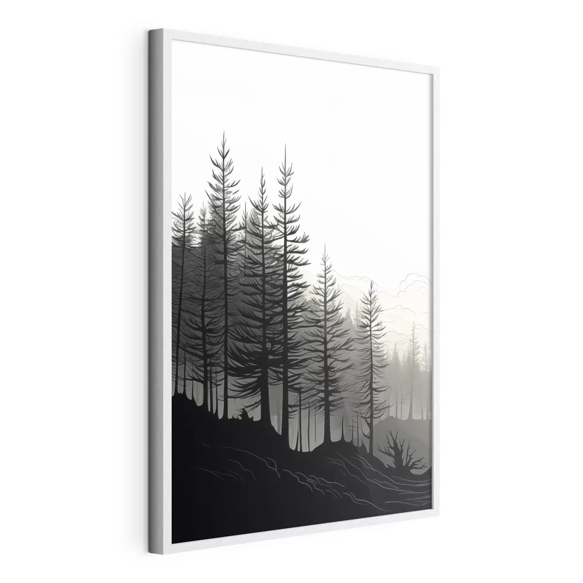 Poster Une forêt brumeuse, un paysage en noir et blanc f48573