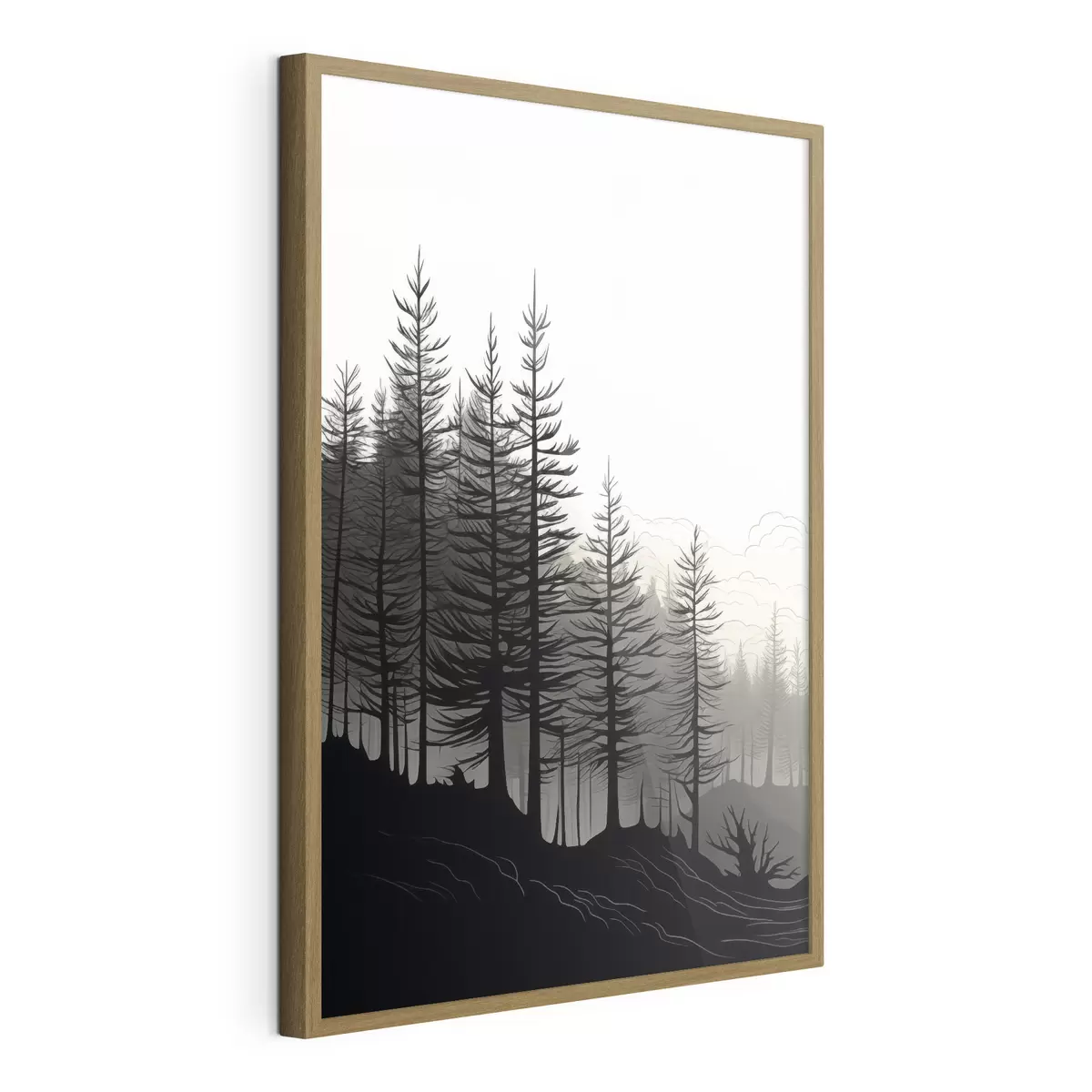 Poster Une forêt brumeuse, un paysage en noir et blanc f48573