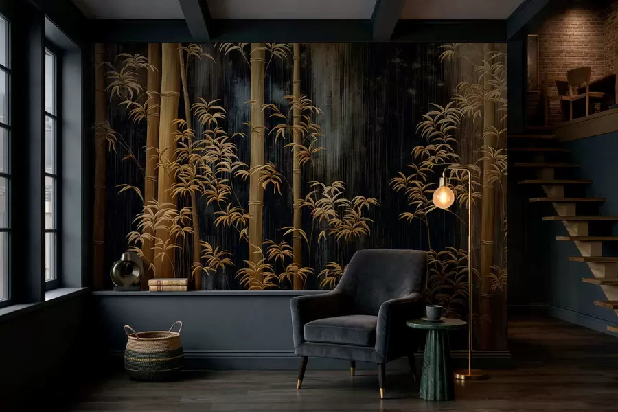 Papier peint Bambou foncé sur fond noir w05120