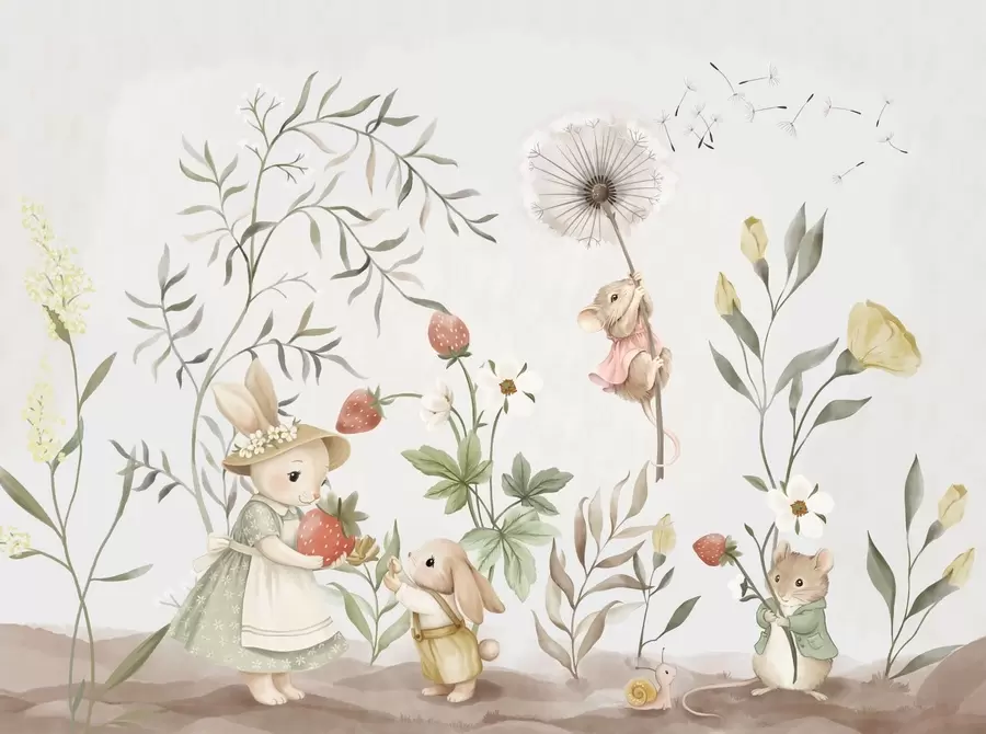 Papier peint Illustration pour enfants représentant un lapin et une souris parmi des plantes et des fleurs w05422