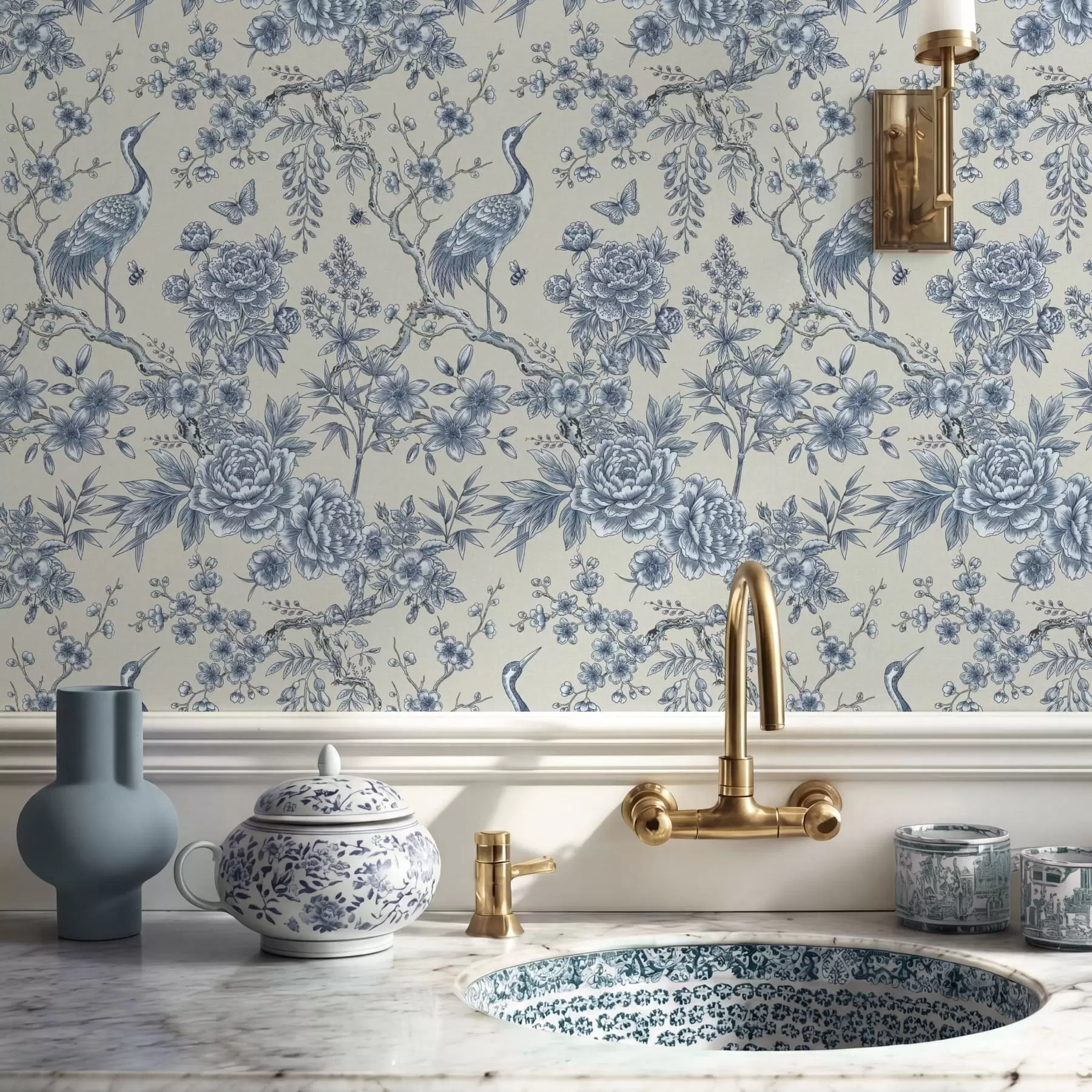 Papier peint Ornement floral bleu avec un oiseau et des branches a01132