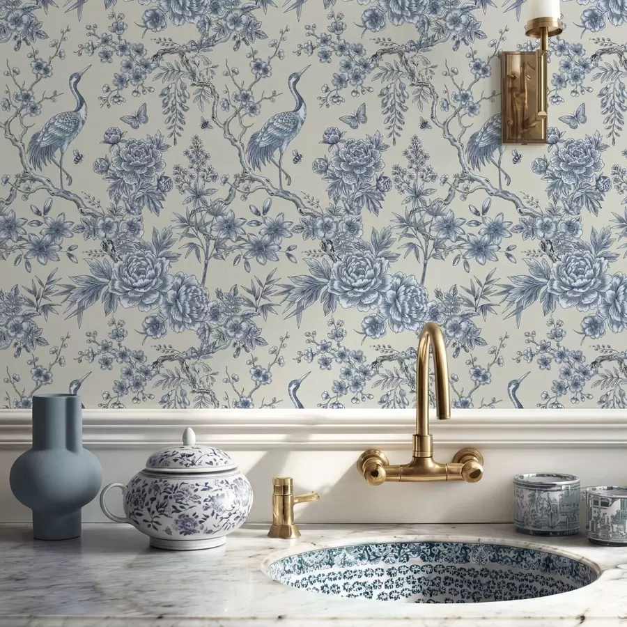 Papier peint Ornement floral bleu avec un oiseau et des branches a01132