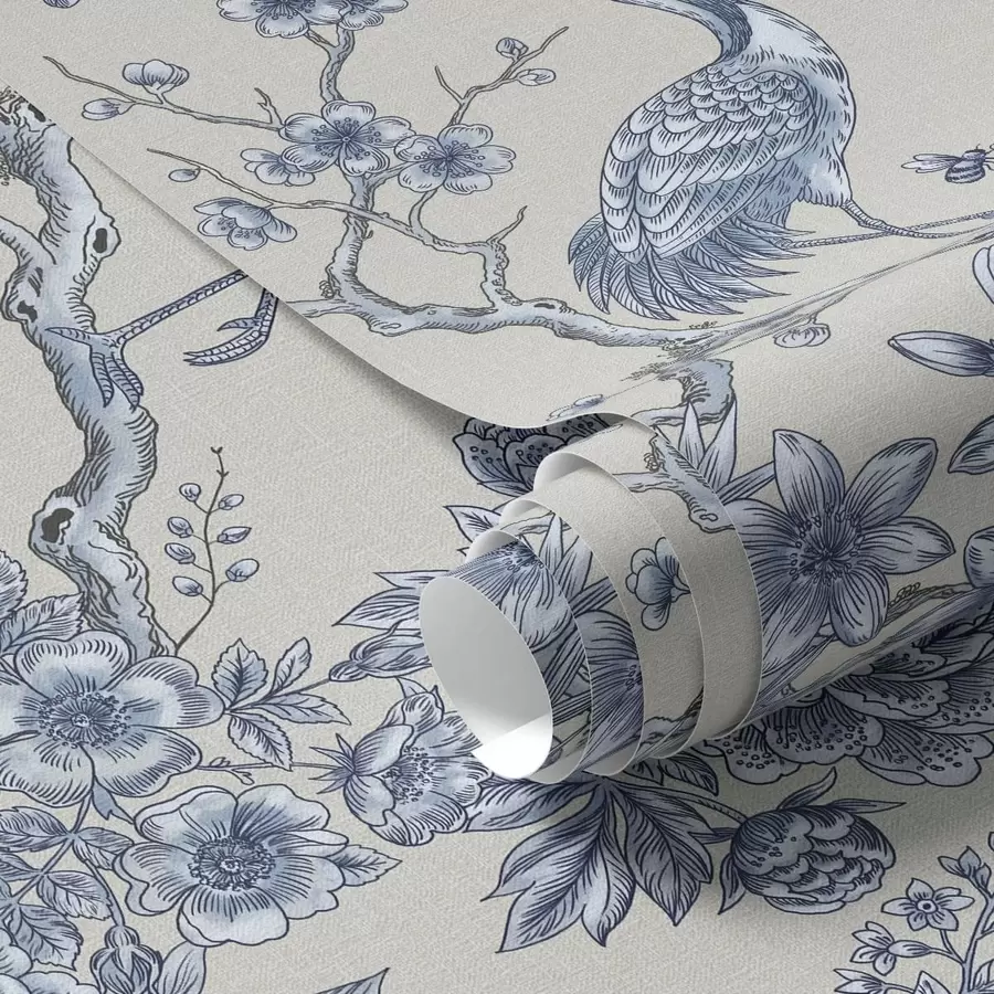 Papier peint Ornement floral bleu avec un oiseau et des branches a01132