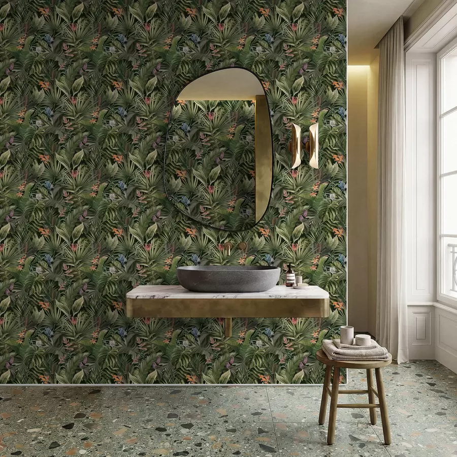 Papier peint Feuilles tropicales et fleurs sur fond sombre a01153